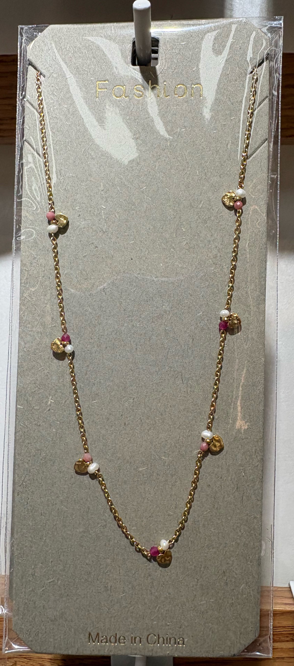 Pink Bead Heart Station Necklace - W14-0482