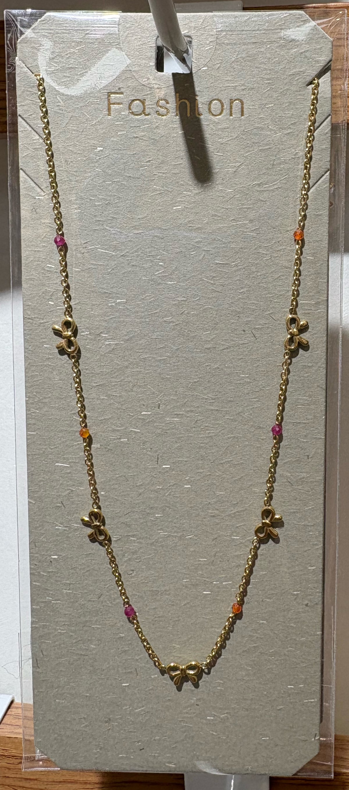 Pink Bead Bow Necklace - W14-0497