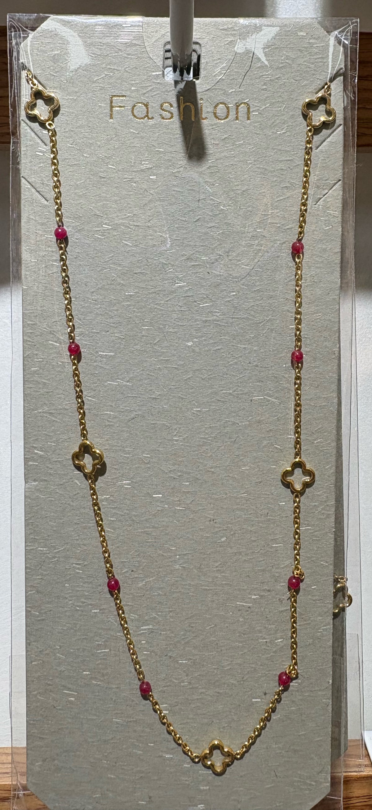 Pink Bead Clover Necklace - W14-0517
