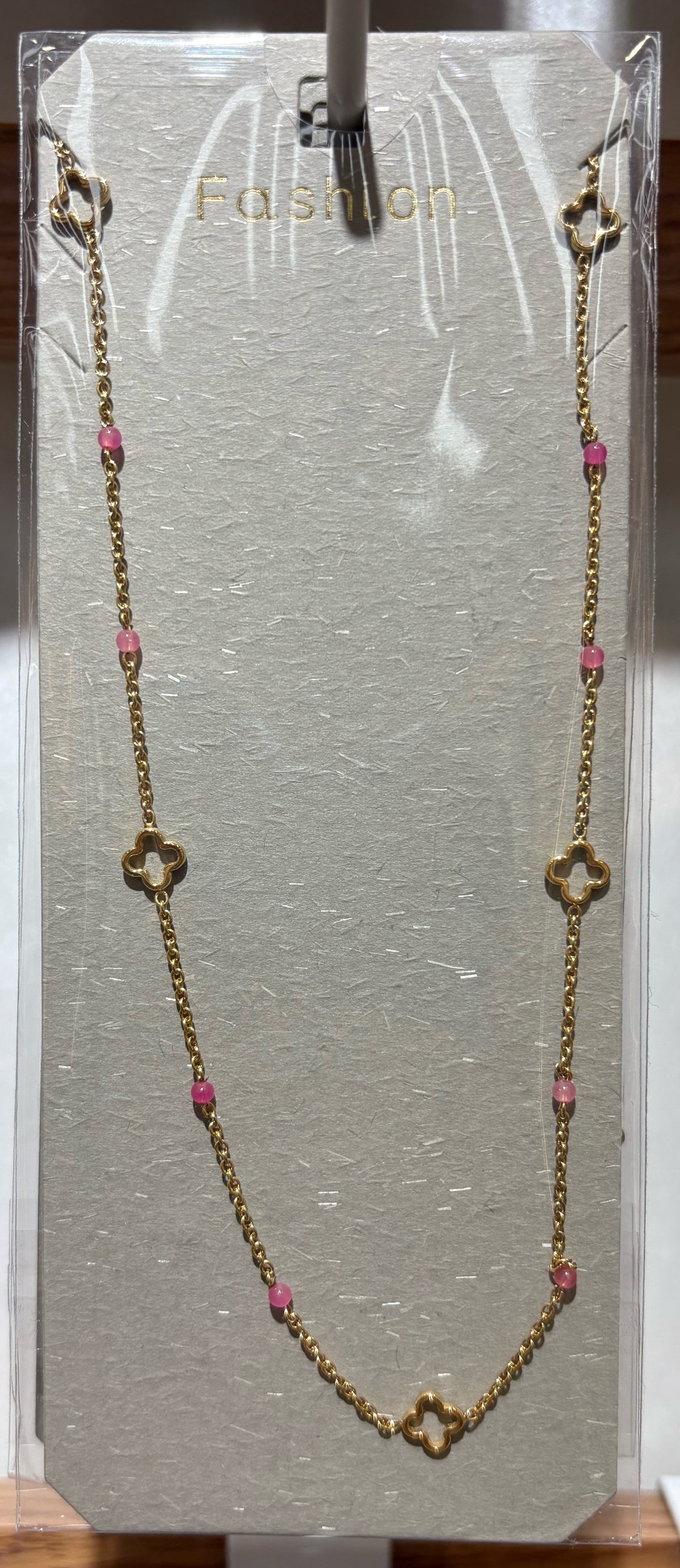Pink Bead Clover Necklace - W14-0517