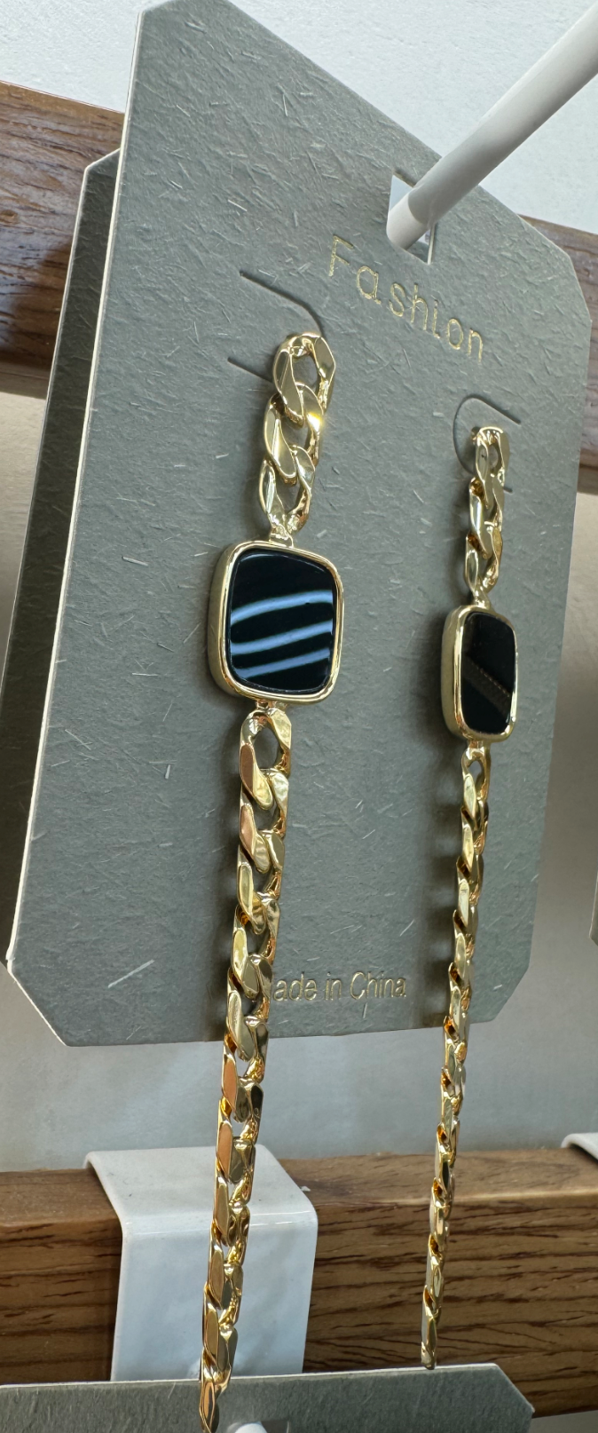 Black Square Chain Drop Earrings - W3-0003