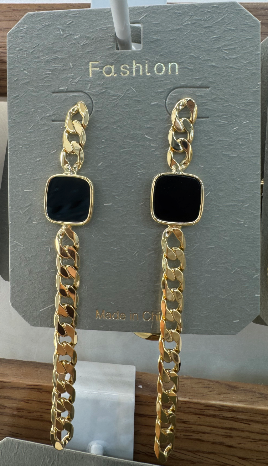 Black Square Chain Drop Earrings - W3-0003