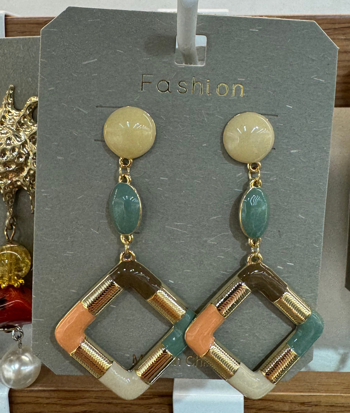 Pastel Diamond Frame Drop Earrings - W3-0026