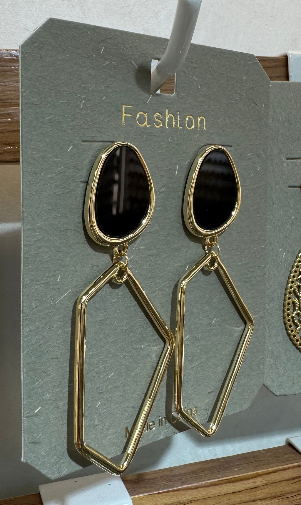 Black Stud Polygon Drop Earrings - W3-0033