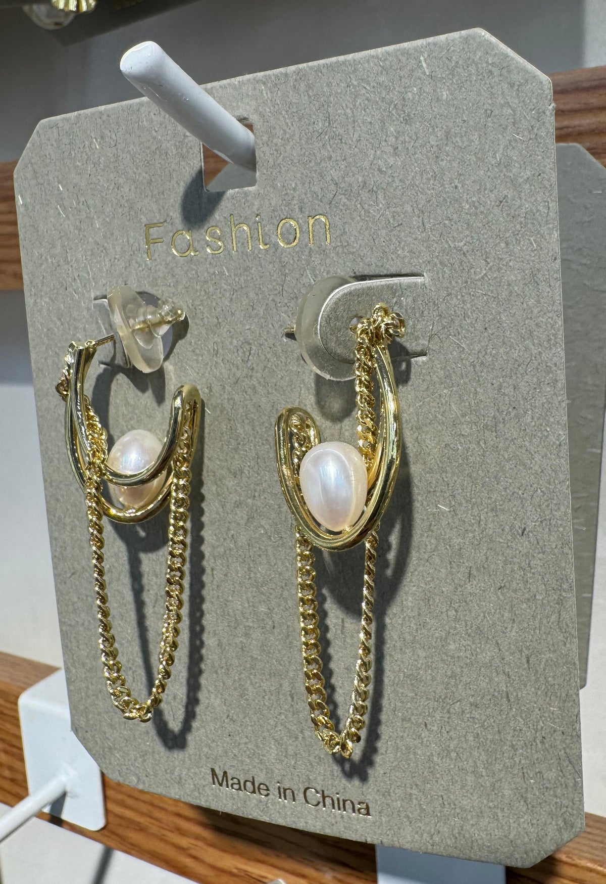 Pearl-Style Hoop Chain Earrings - W3-0042