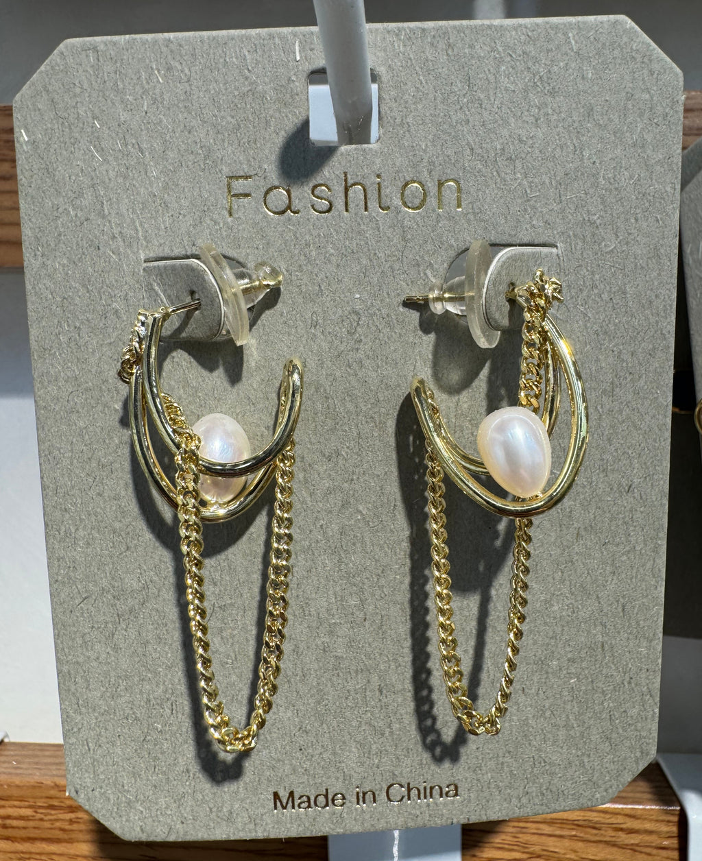 Pearl-Style Hoop Chain Earrings - W3-0042