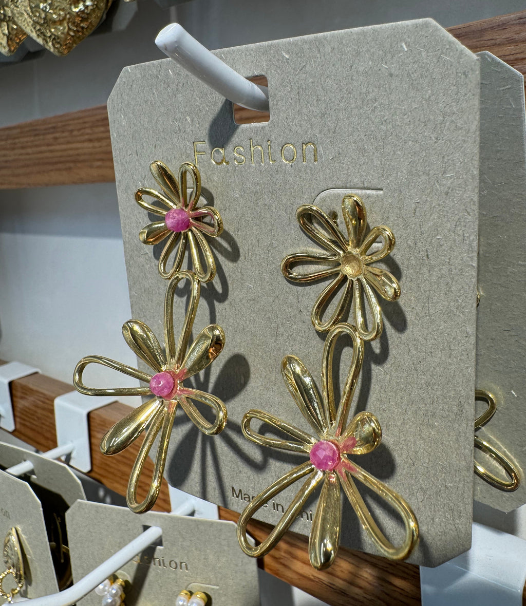 Pink Center Daisy Drop Earrings - W3-0050