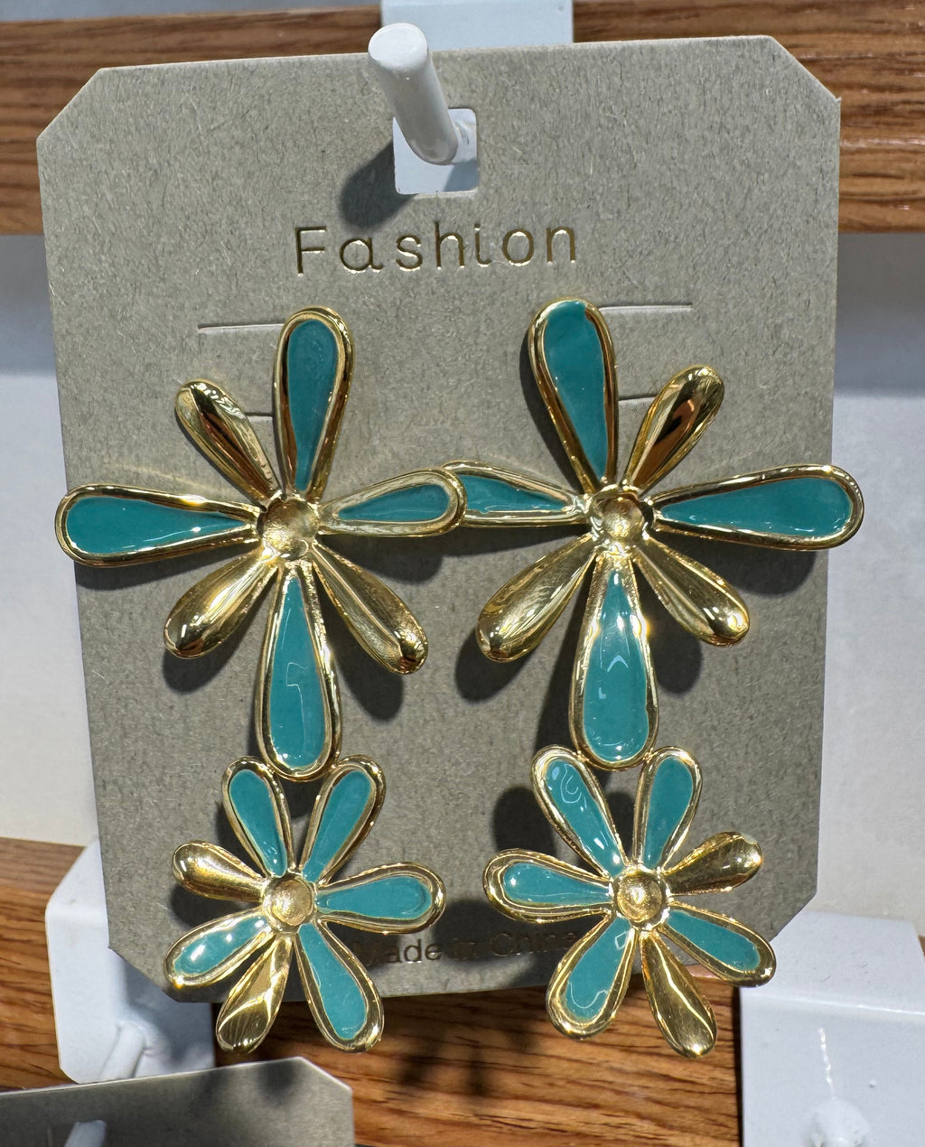 Teal Petal Double Flower Earrings - W3-0053