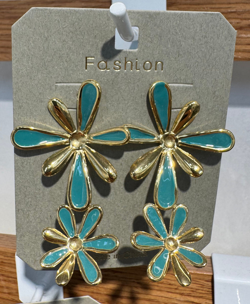 Teal Petal Double Flower Earrings - W3-0053