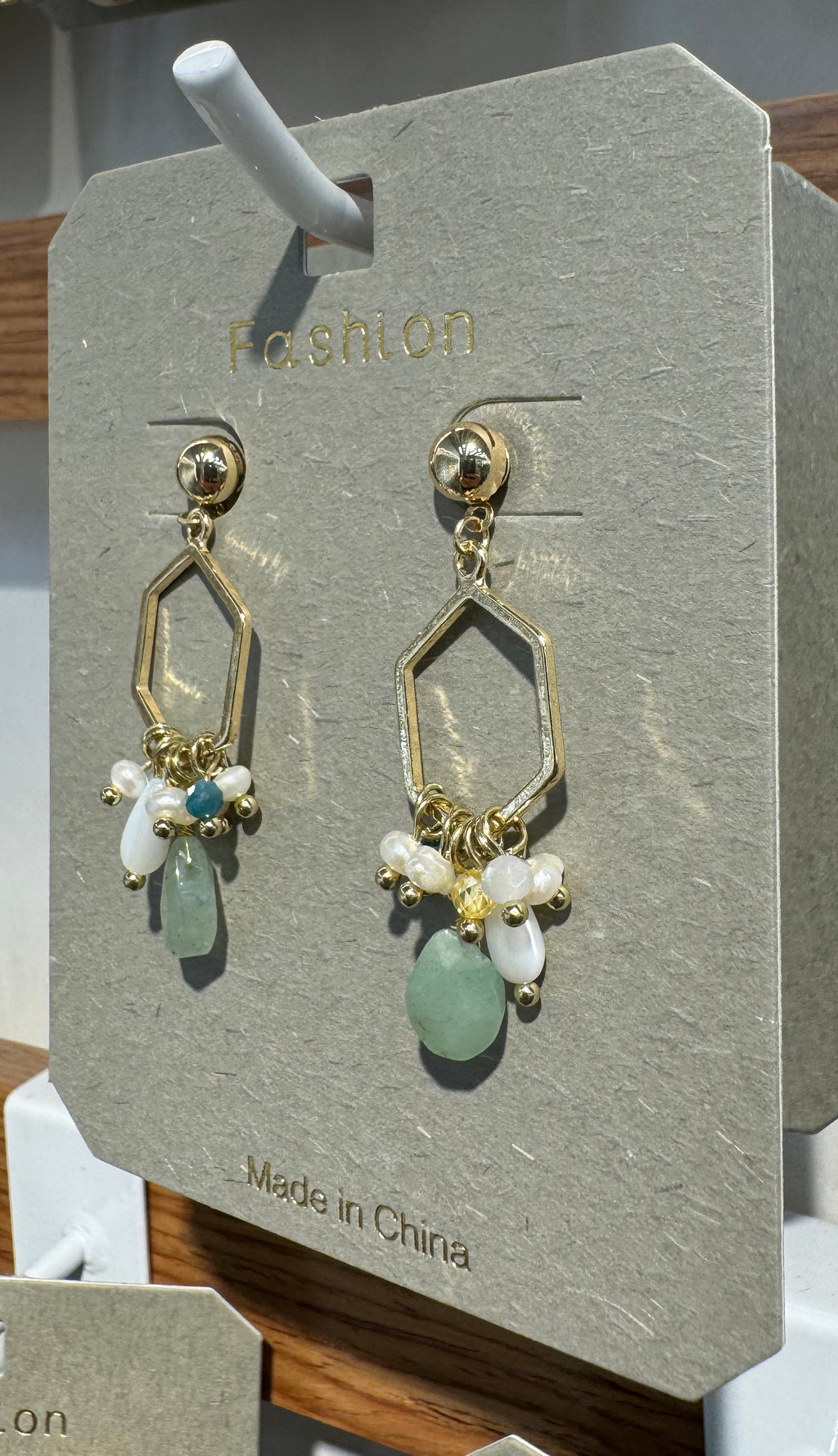 Green Bead Hexagon Drop Earrings - W3-0068