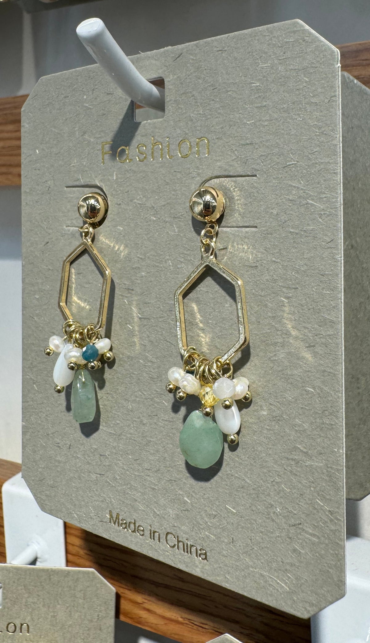 Green Bead Hexagon Drop Earrings - W3-0068