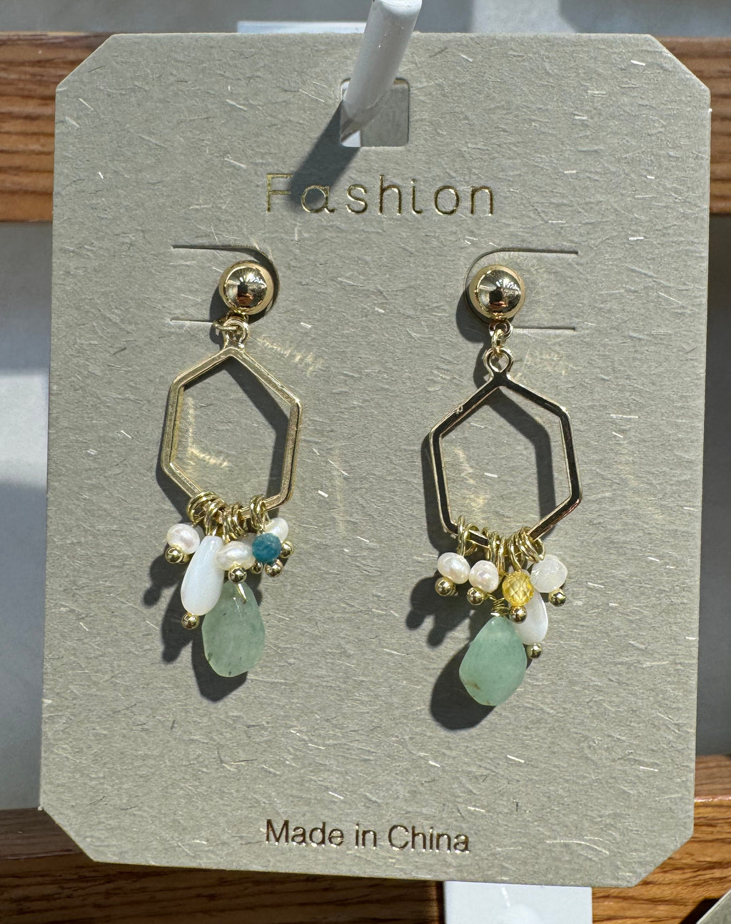 Green Bead Hexagon Drop Earrings - W3-0068
