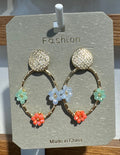 Colorful Beaded Flower Hoop Earrings - W3-0072