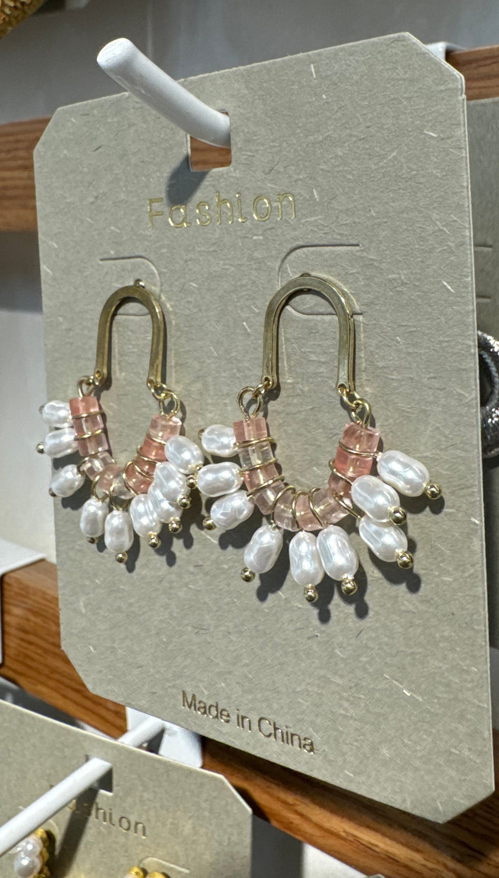 Pink Bead Fringe Hoop Earrings - W3-0074