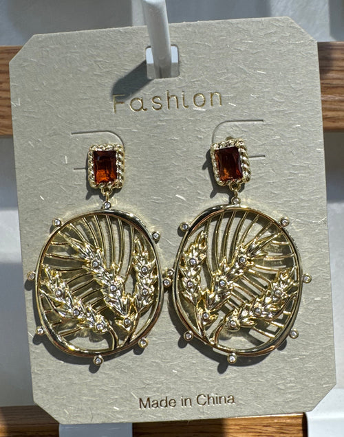 Amber-Tone Stud Leaf Earrings - W3-0097