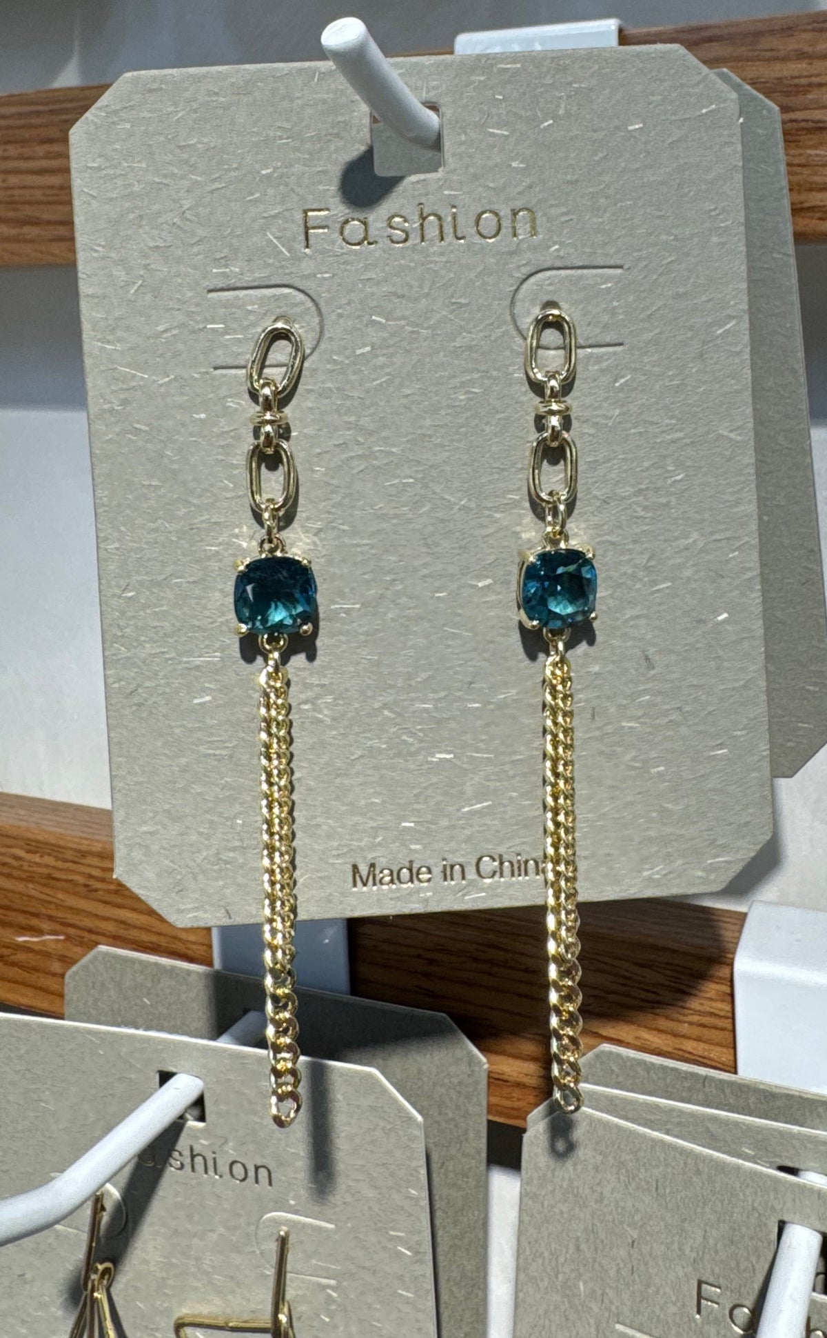 Teal Bead Chain Tassel Earrings - W3-0102