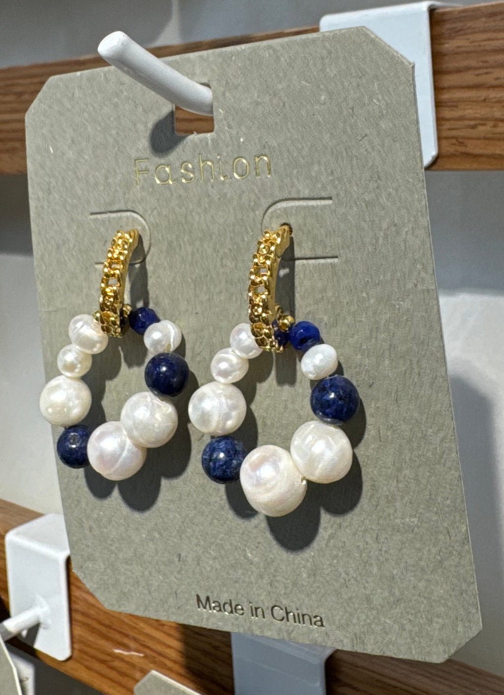 Blue and White Beaded Hoop Earrings - W3-0125