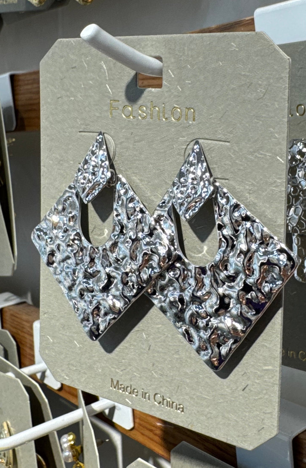Silver-Tone Hammered Diamond Earrings - W3-0149