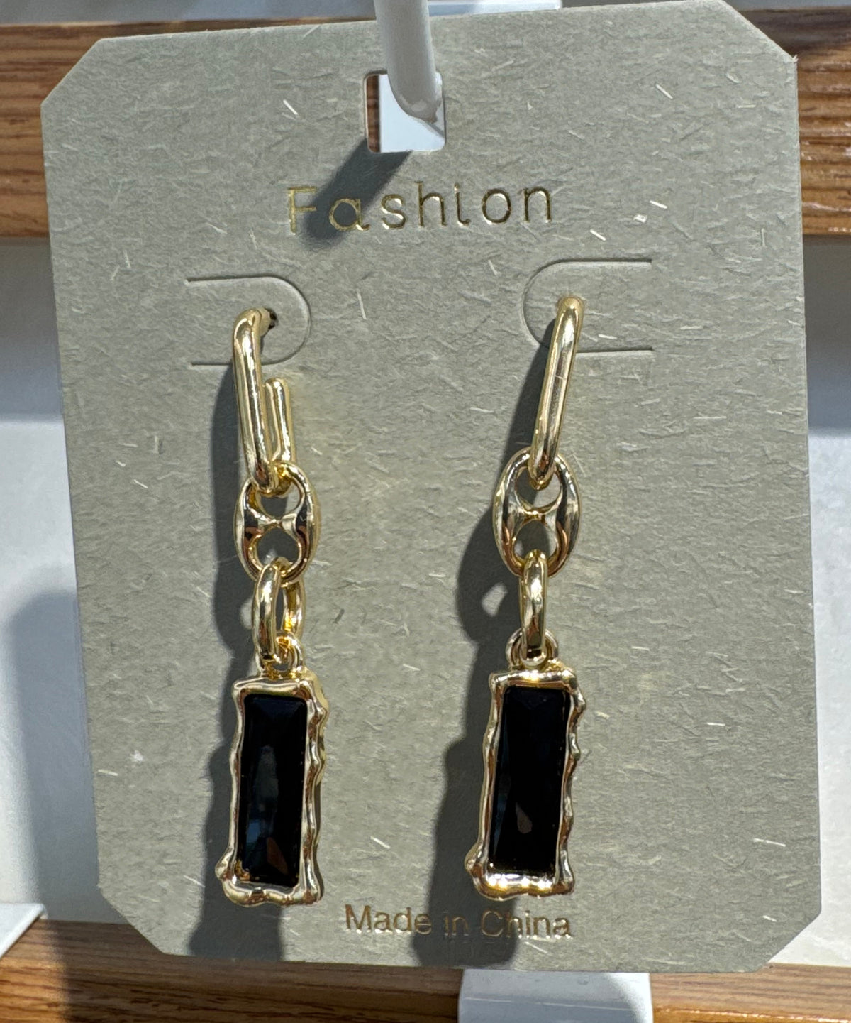 Black Rectangle Chain Drop Earrings - W3-0167