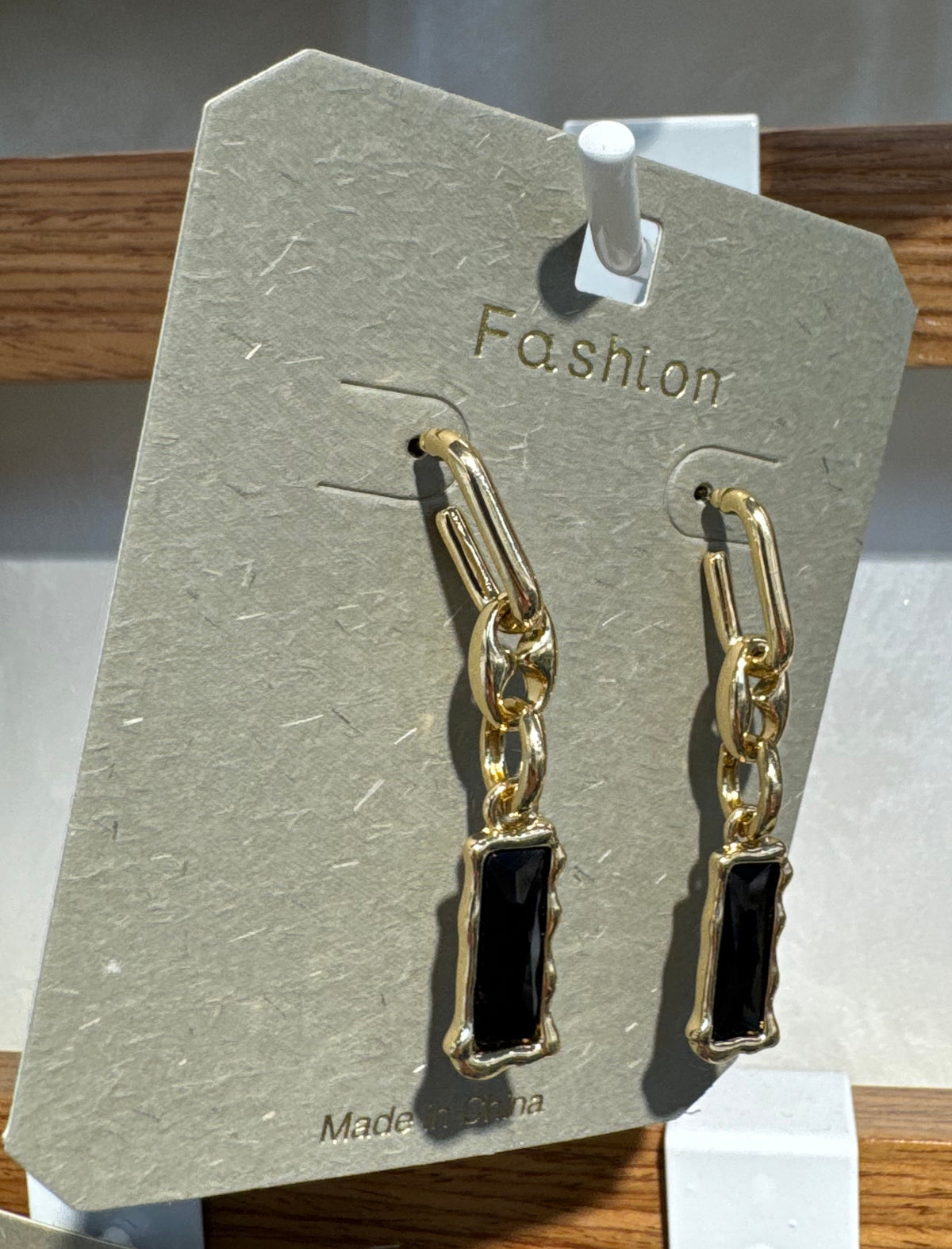 Black Rectangle Chain Drop Earrings - W3-0167