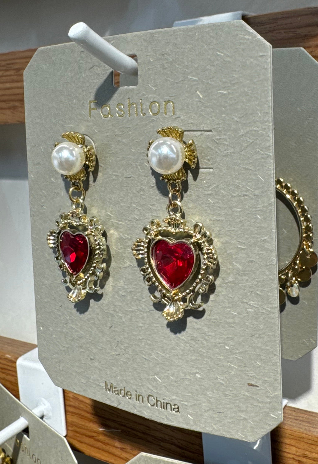 Red Heart Ornate Drop Earrings - W3-0172