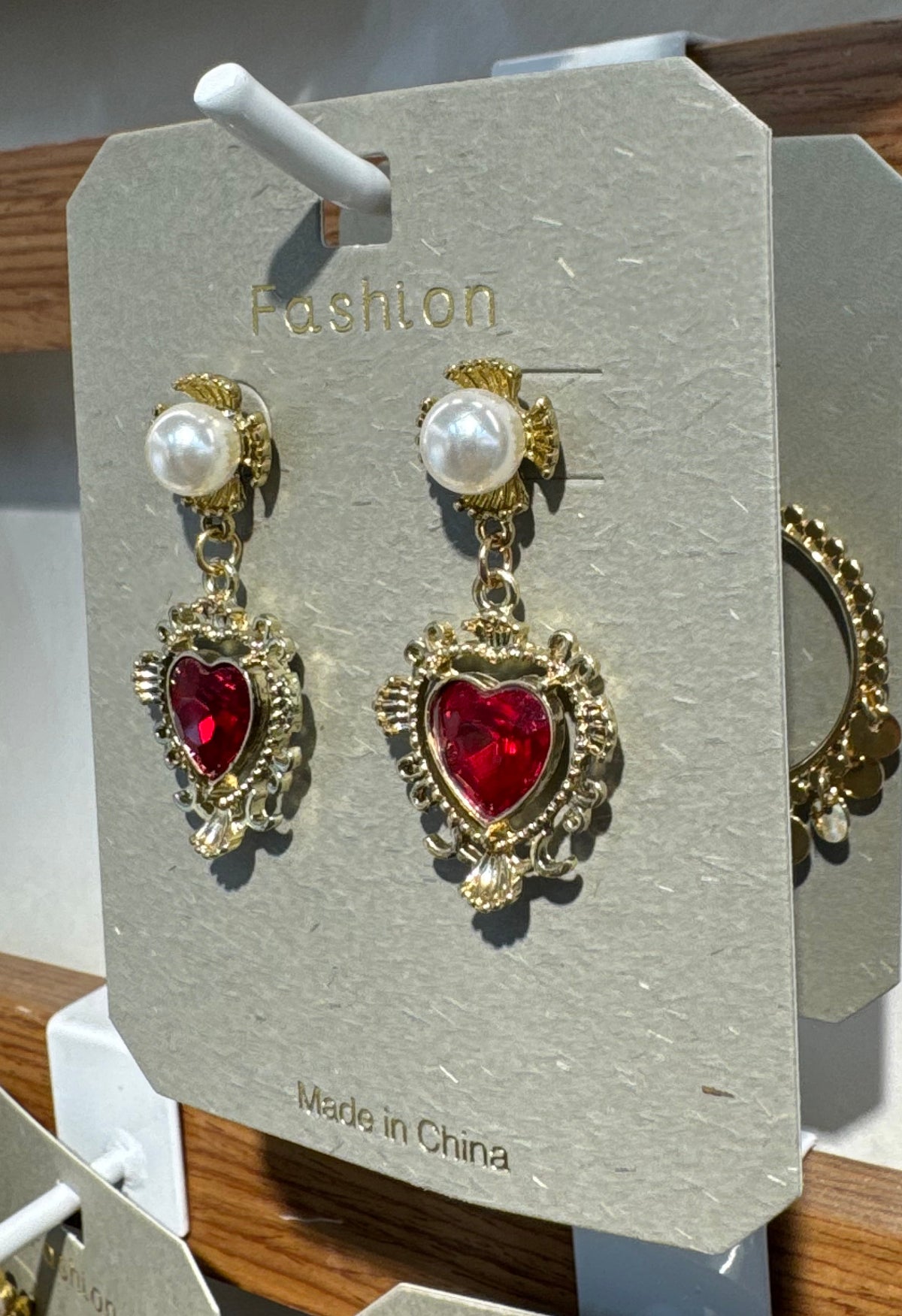 Red Heart Ornate Drop Earrings - W3-0172
