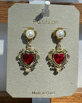 Red Heart Ornate Drop Earrings - W3-0172