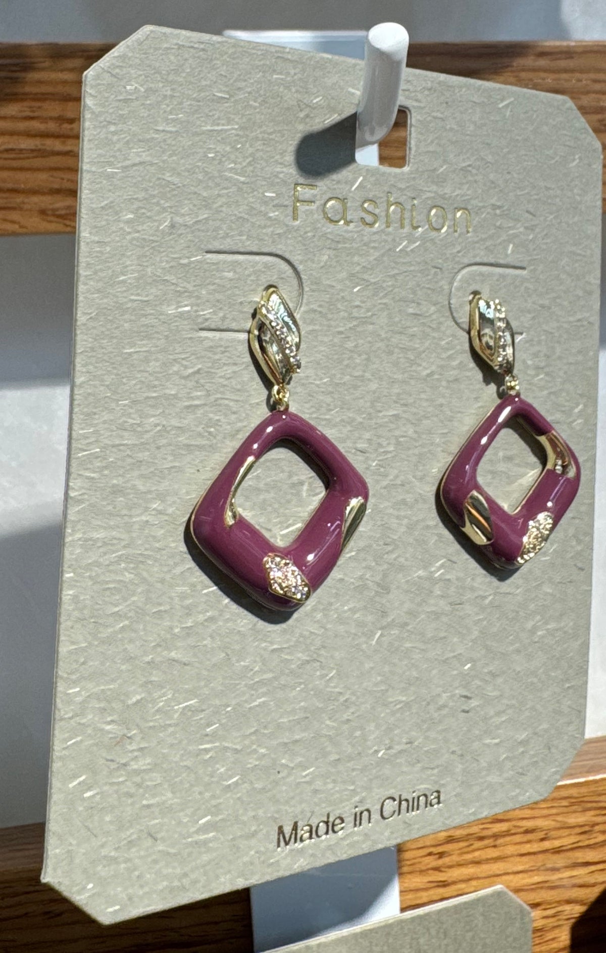 Purple Diamond Frame Drop Earrings - W3-0217