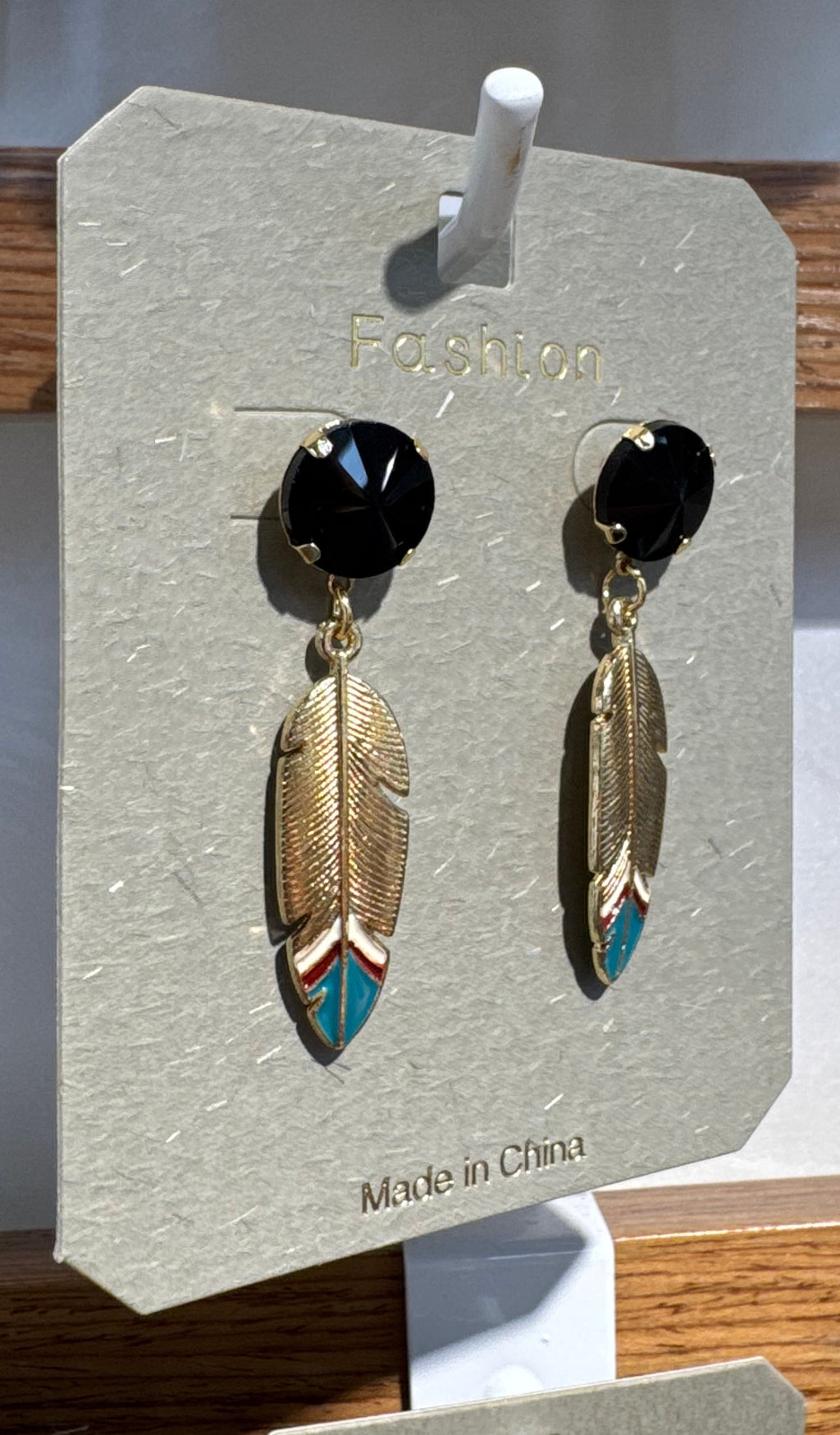 Black Stud Feather Drop Earrings - W3-0221