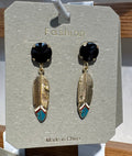 Black Stud Feather Drop Earrings - W3-0221