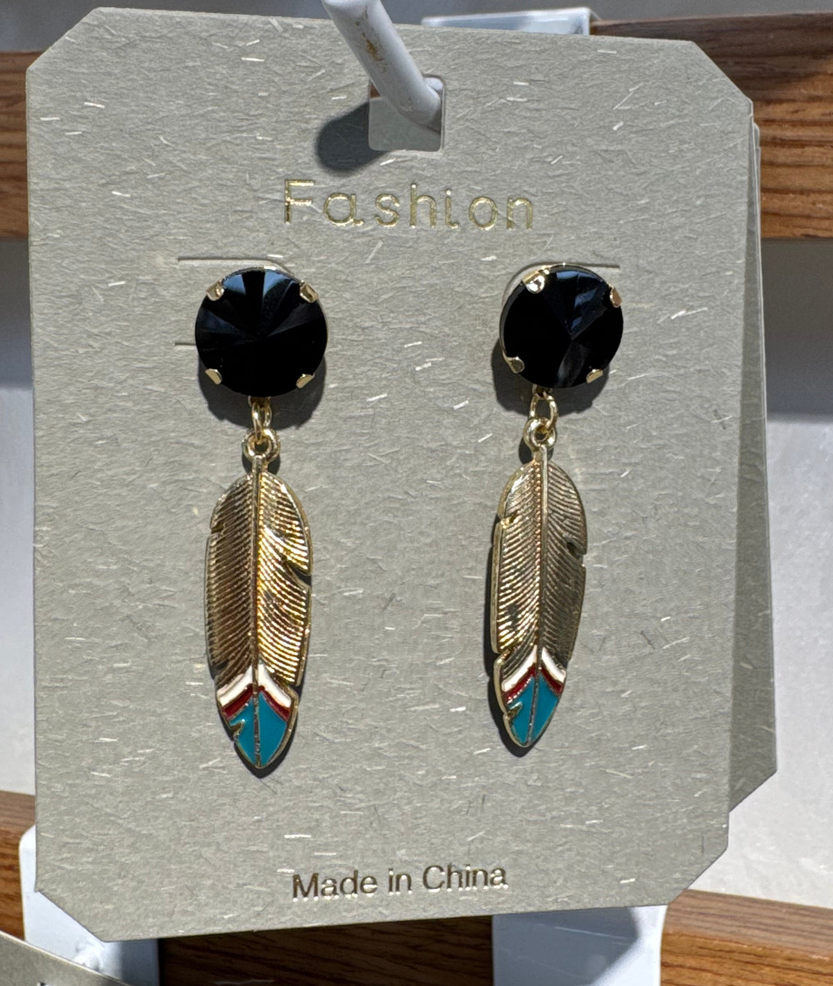 Black Stud Feather Drop Earrings - W3-0221