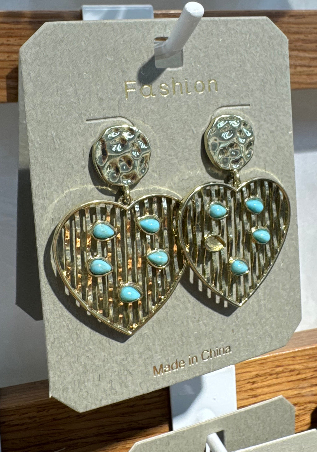 Blue Bead Striped Heart Earrings - W3-0225