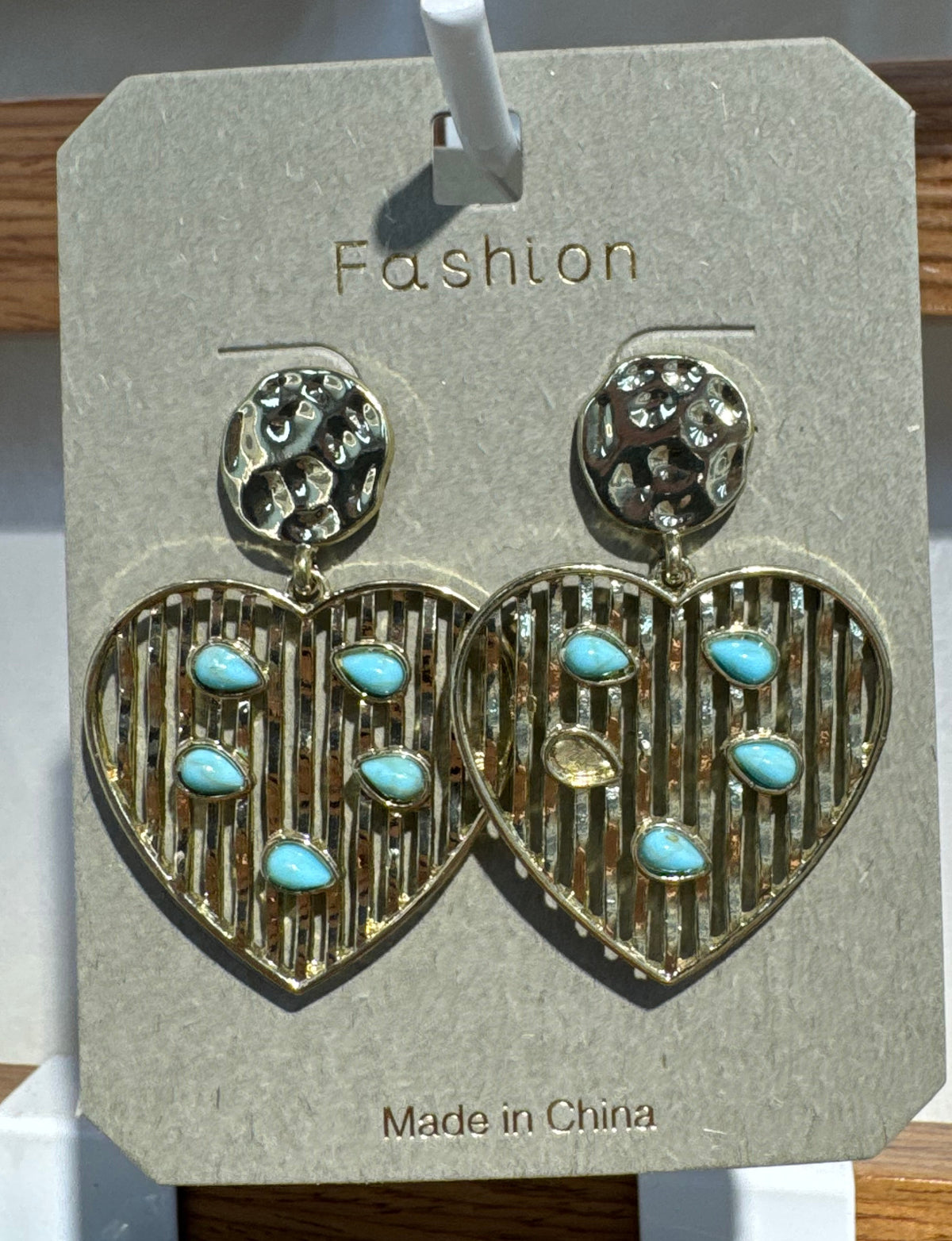Blue Bead Striped Heart Earrings - W3-0225