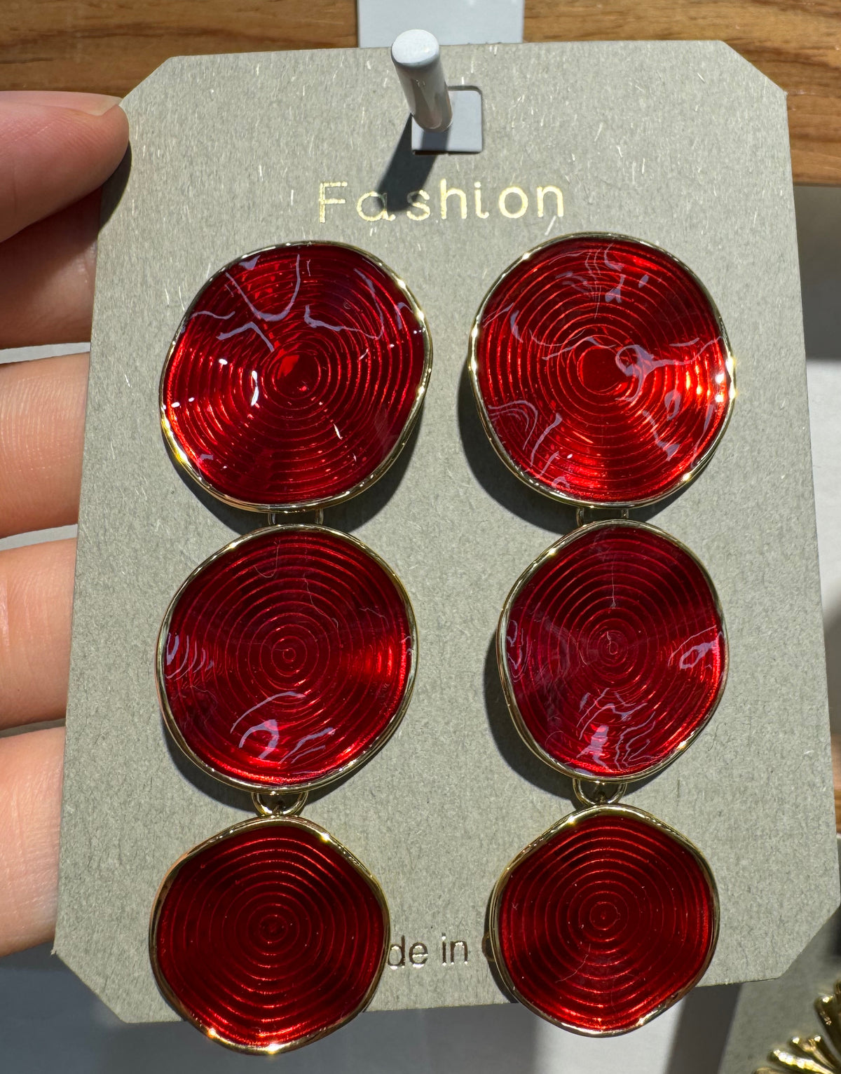 Red Triple Disc Drop Earrings - W3-0230