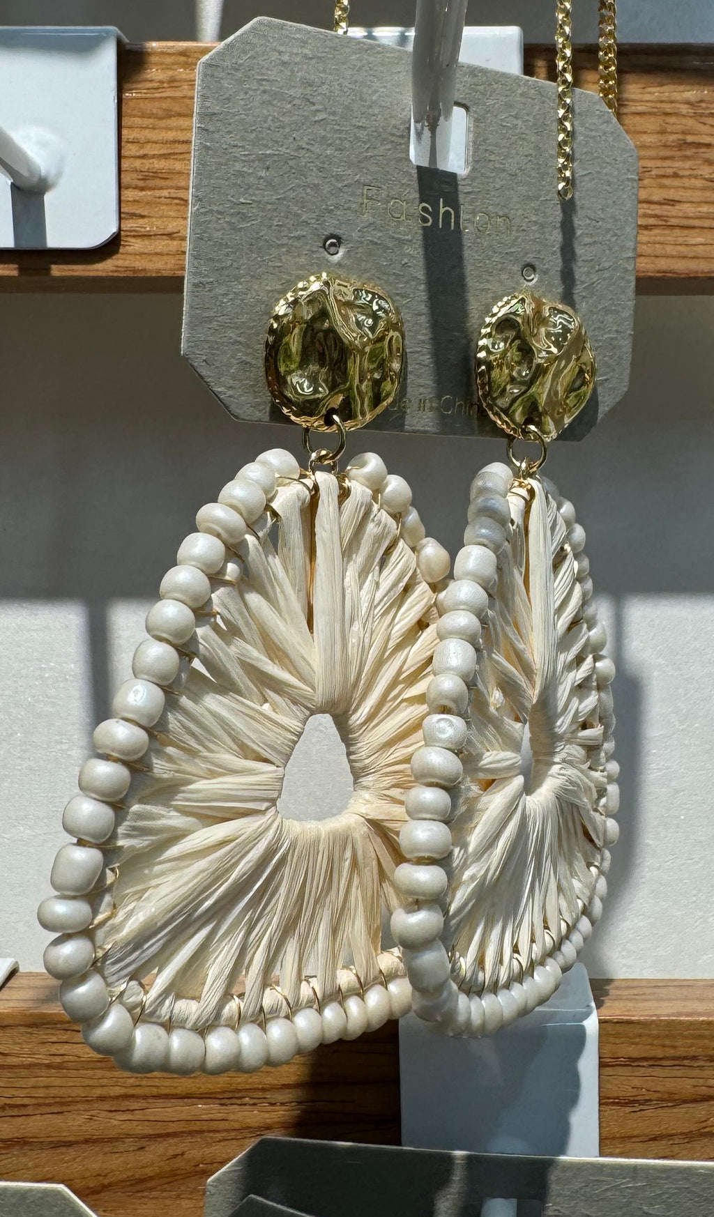 White Beaded Woven Teardrop Earrings - W3-0257