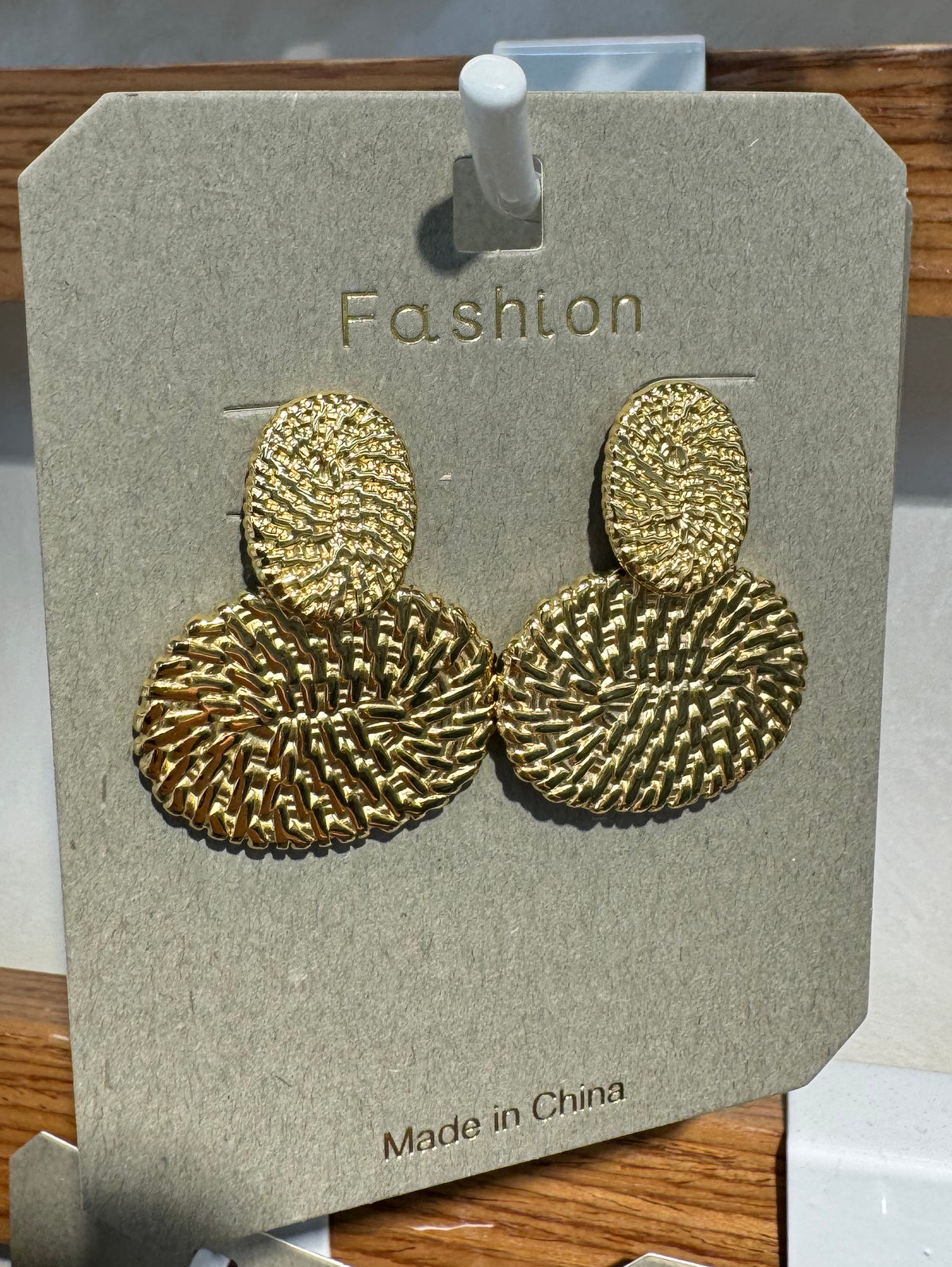 Textured Oval Disc Drop Earrings - W3-0261