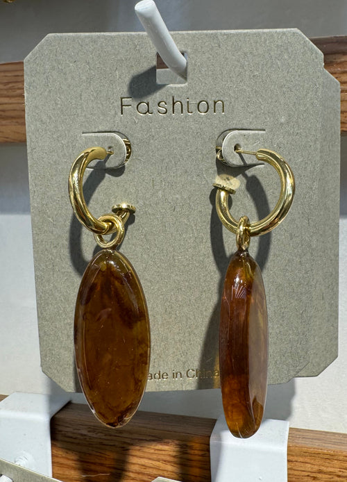 Amber-Tone Oval Hoop Drop Earrings - W3-0264