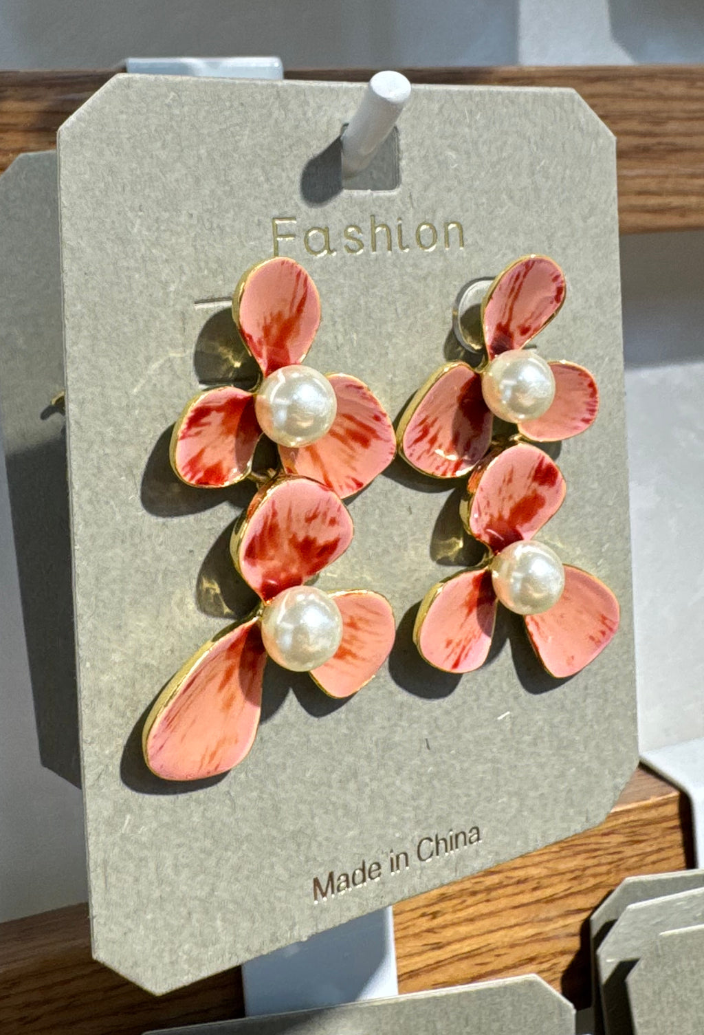 Coral Pink Flower Drop Earrings - W3-0269