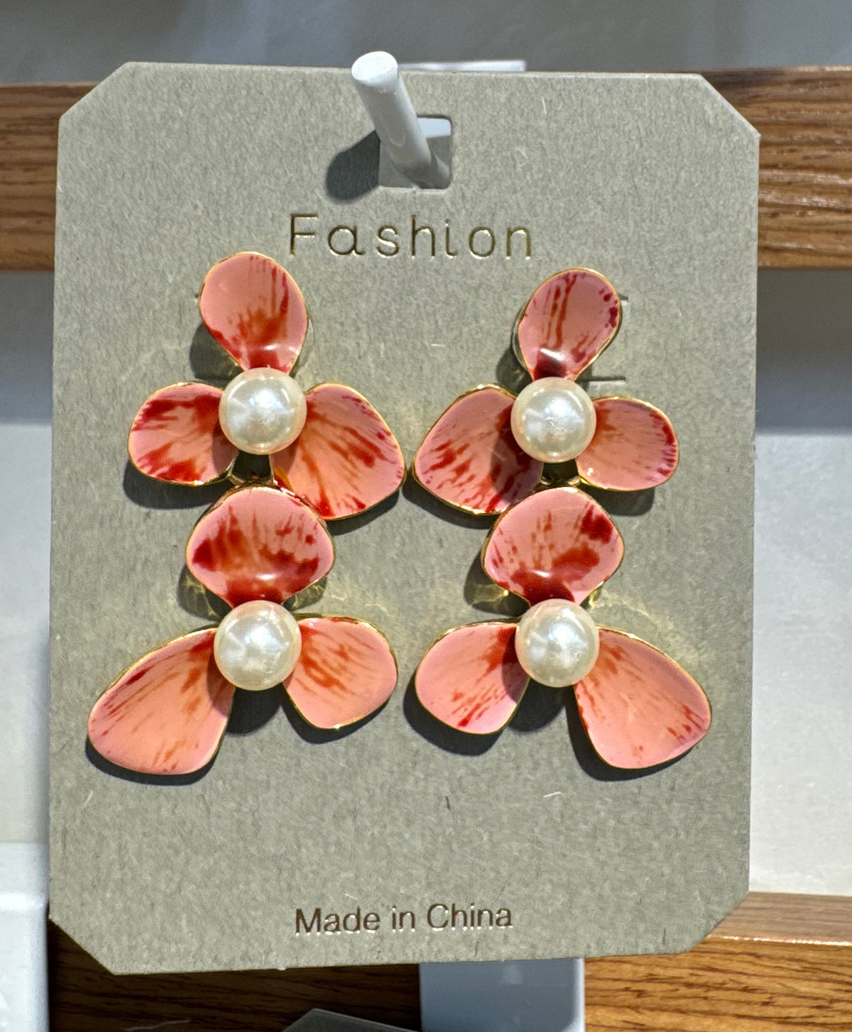 Coral Pink Flower Drop Earrings - W3-0269