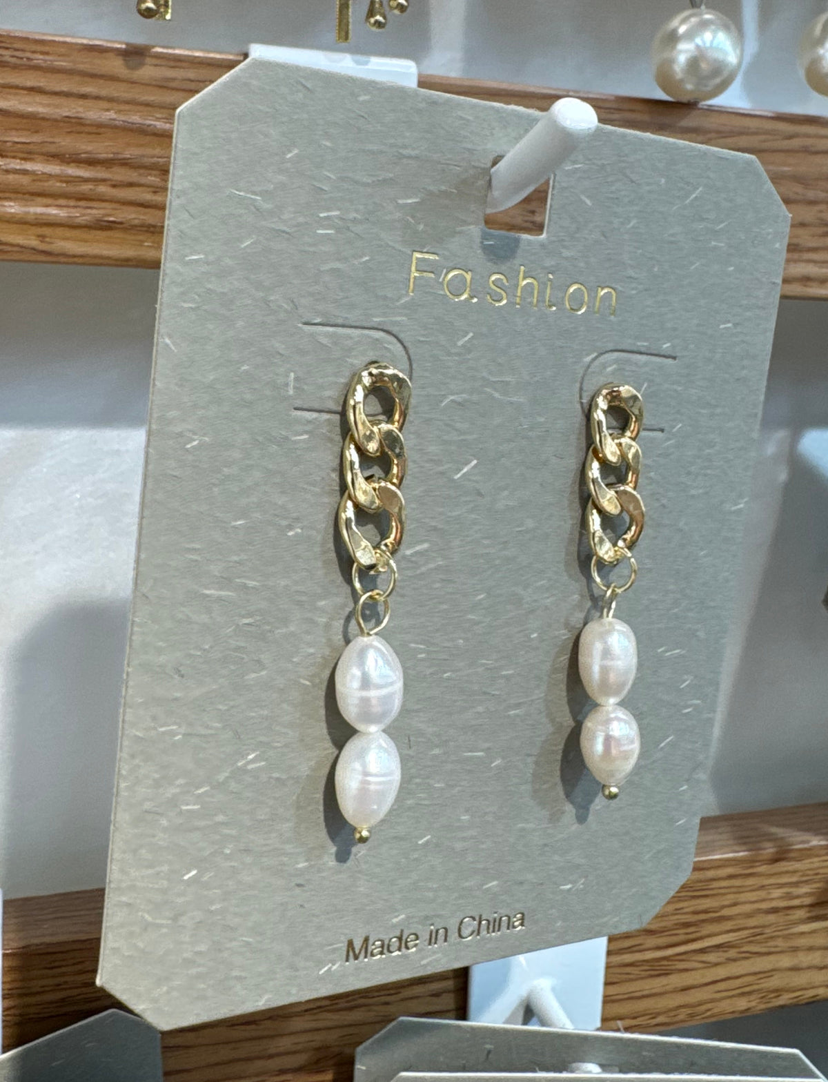 Double White Bead Chain Earrings - W3-0290