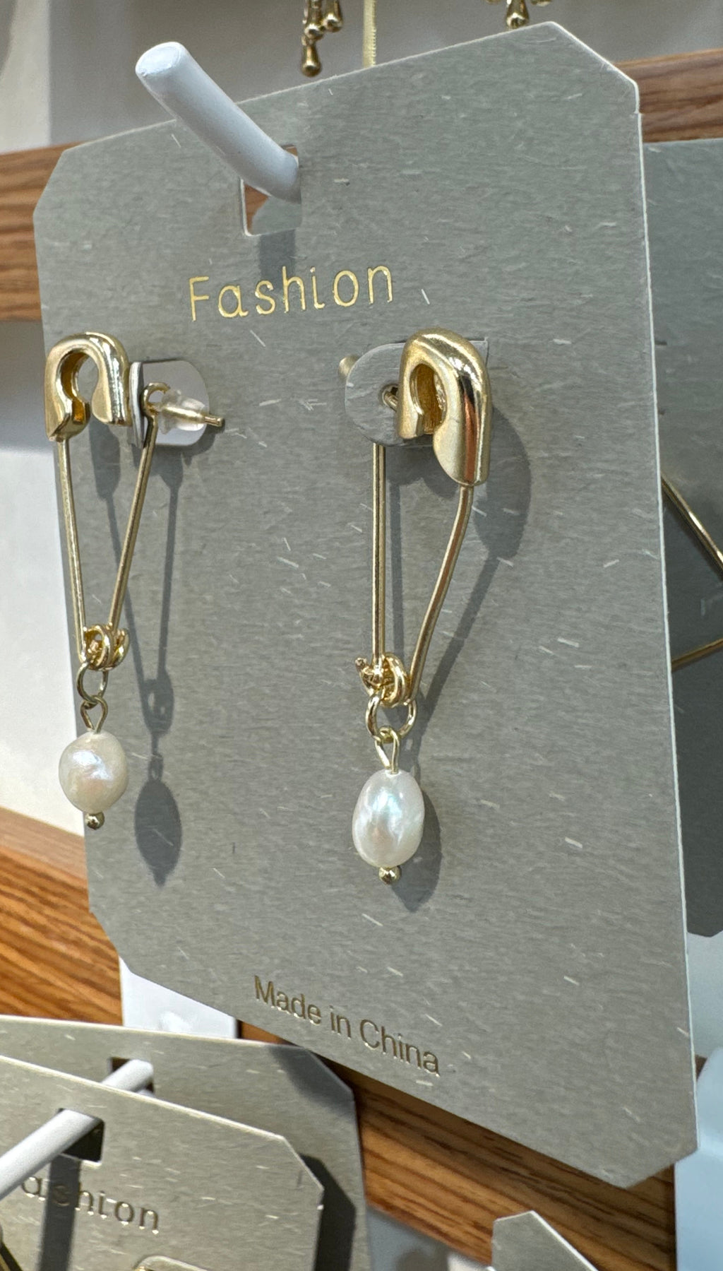 Safety Pin Pearl-Style Drop Earrings - W3-0293