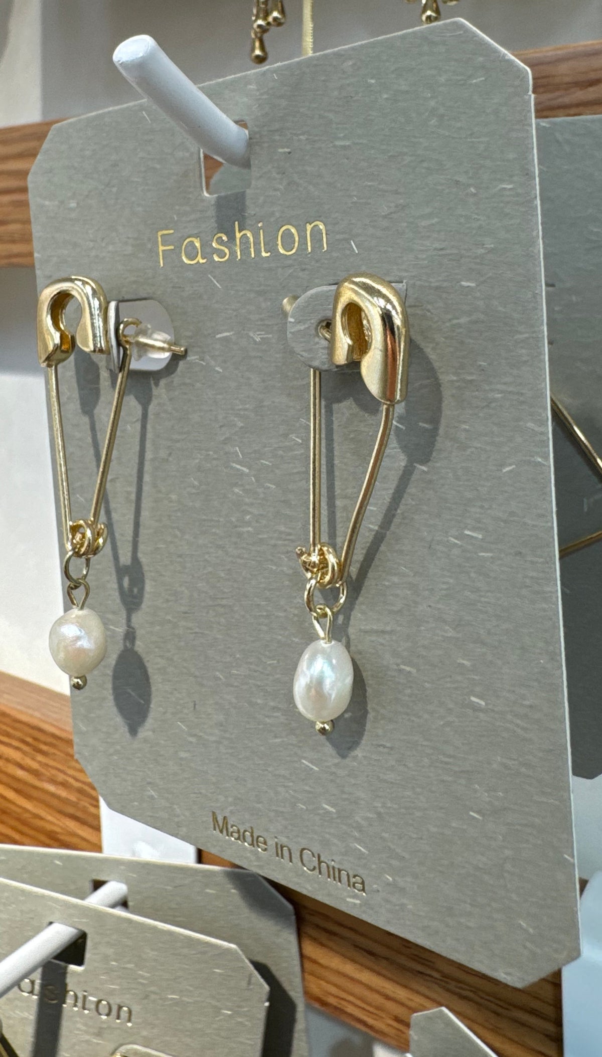 Safety Pin Pearl-Style Drop Earrings - W3-0293