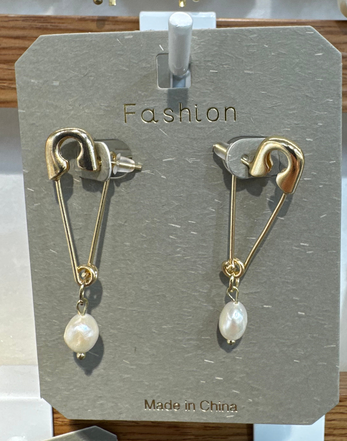 Safety Pin Pearl-Style Drop Earrings - W3-0293