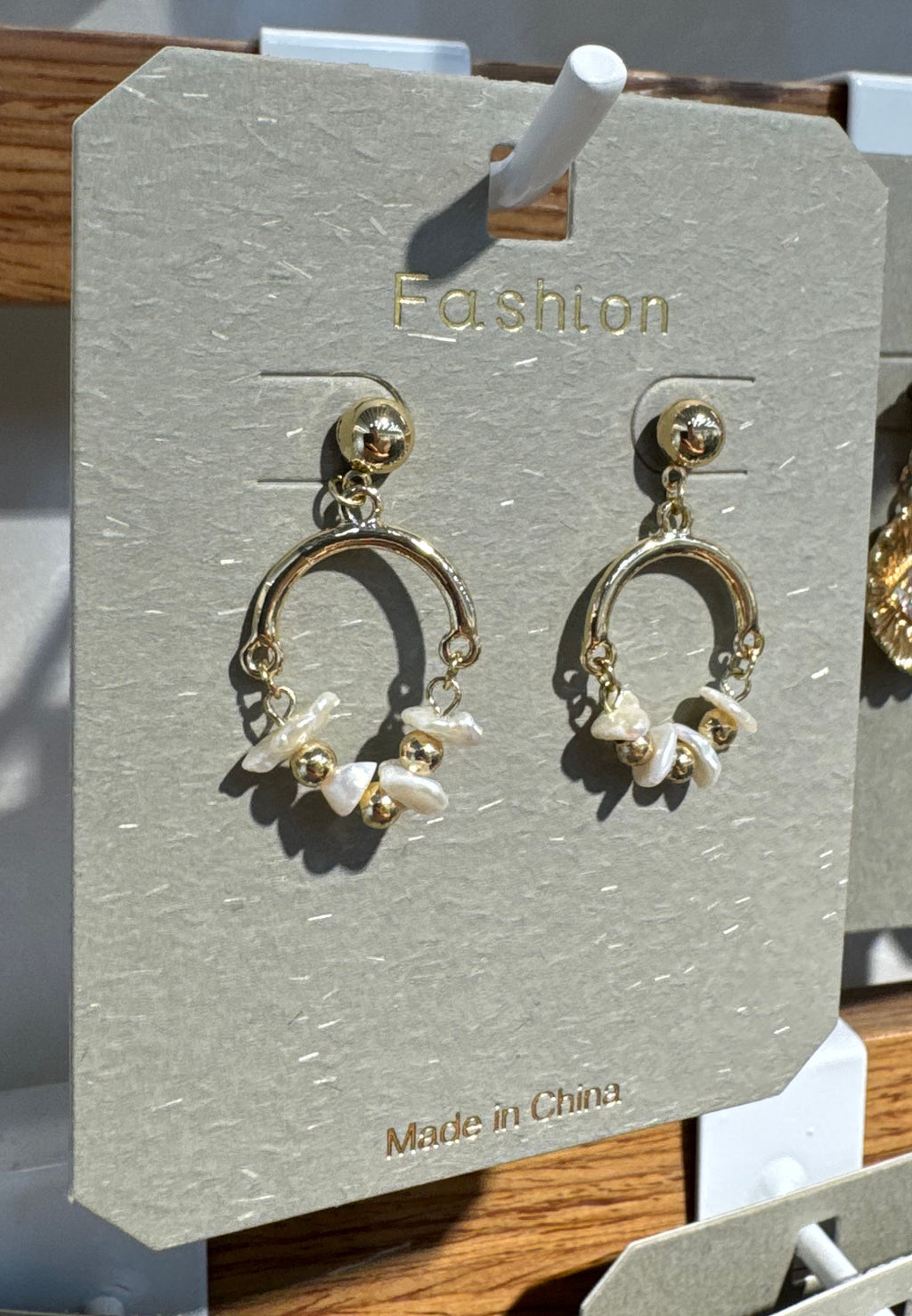 White Bead Crescent Drop Earrings - W3-0319