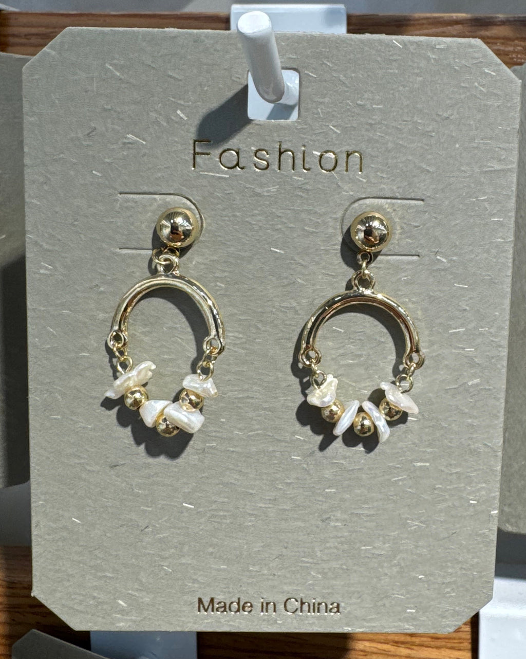 White Bead Crescent Drop Earrings - W3-0319