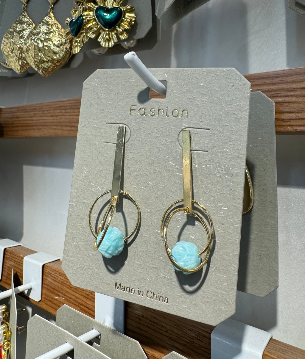 Blue Bead Oval Loop Earrings - W3-0326
