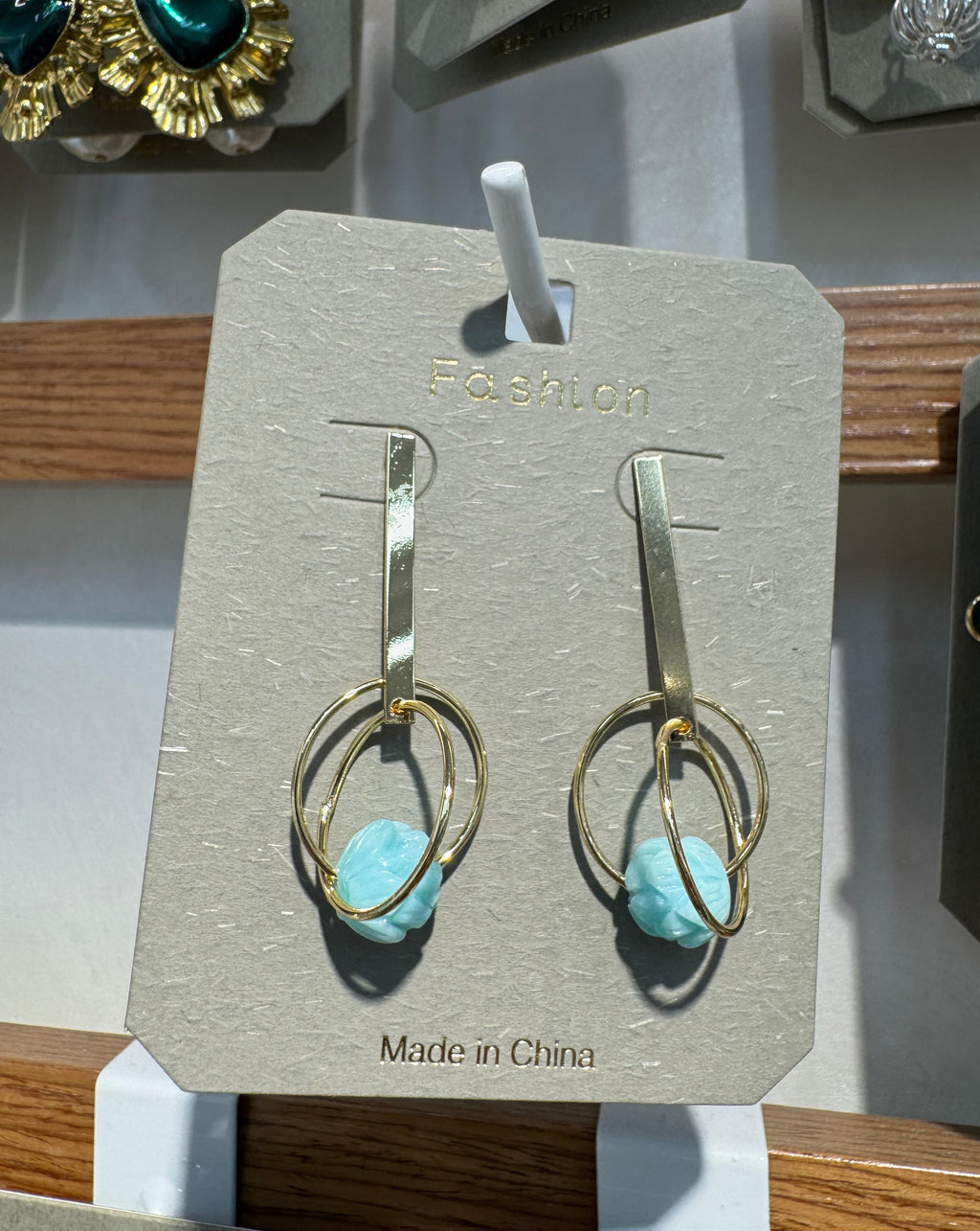 Blue Bead Oval Loop Earrings - W3-0326