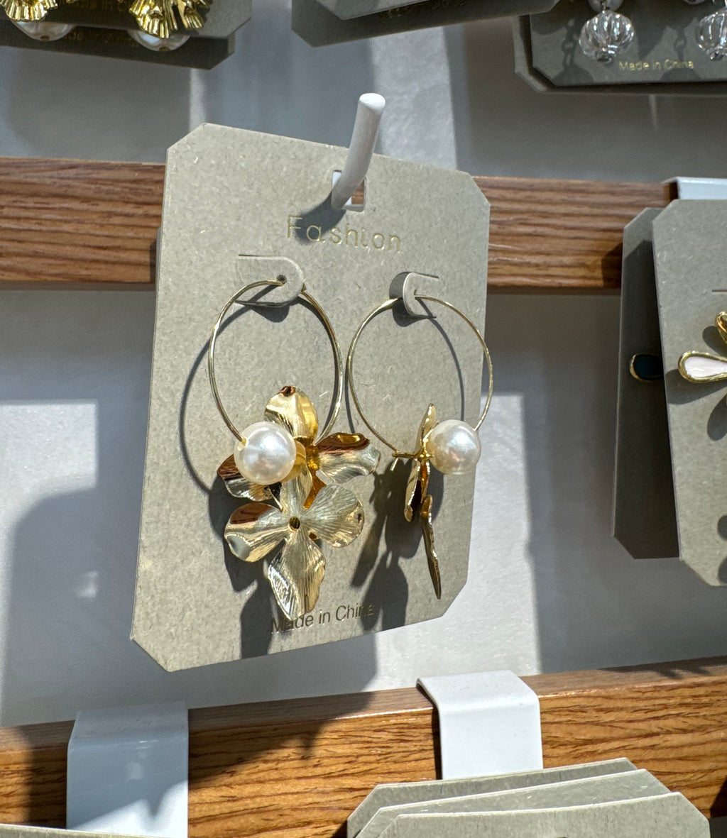 Leaf and Pearl Charm Hoops - W3-0330