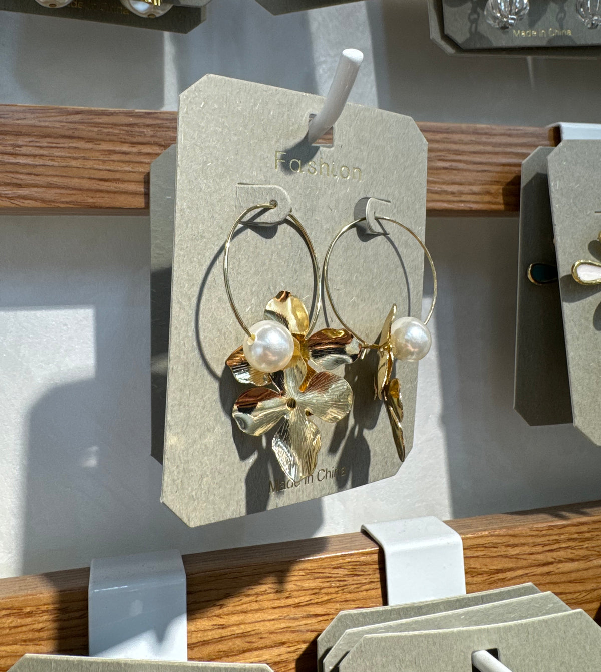 Leaf and Pearl Charm Hoops - W3-0330