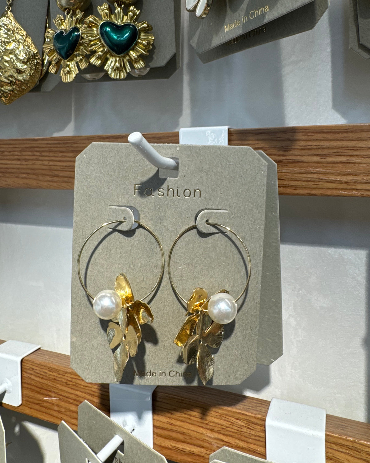 Leaf and Pearl Charm Hoops - W3-0330